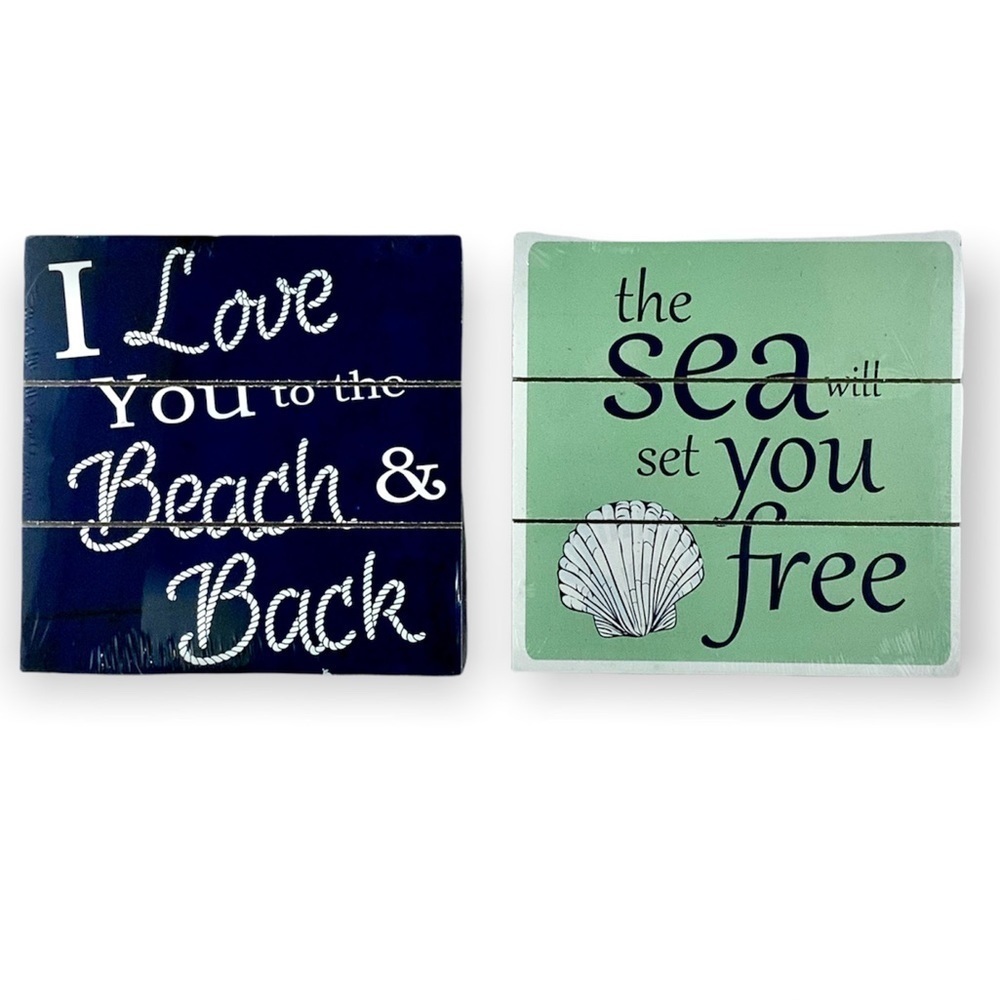 Nautical Coastal Beach Plaques Wall Decor Set of 2 Square 6” x 6”’